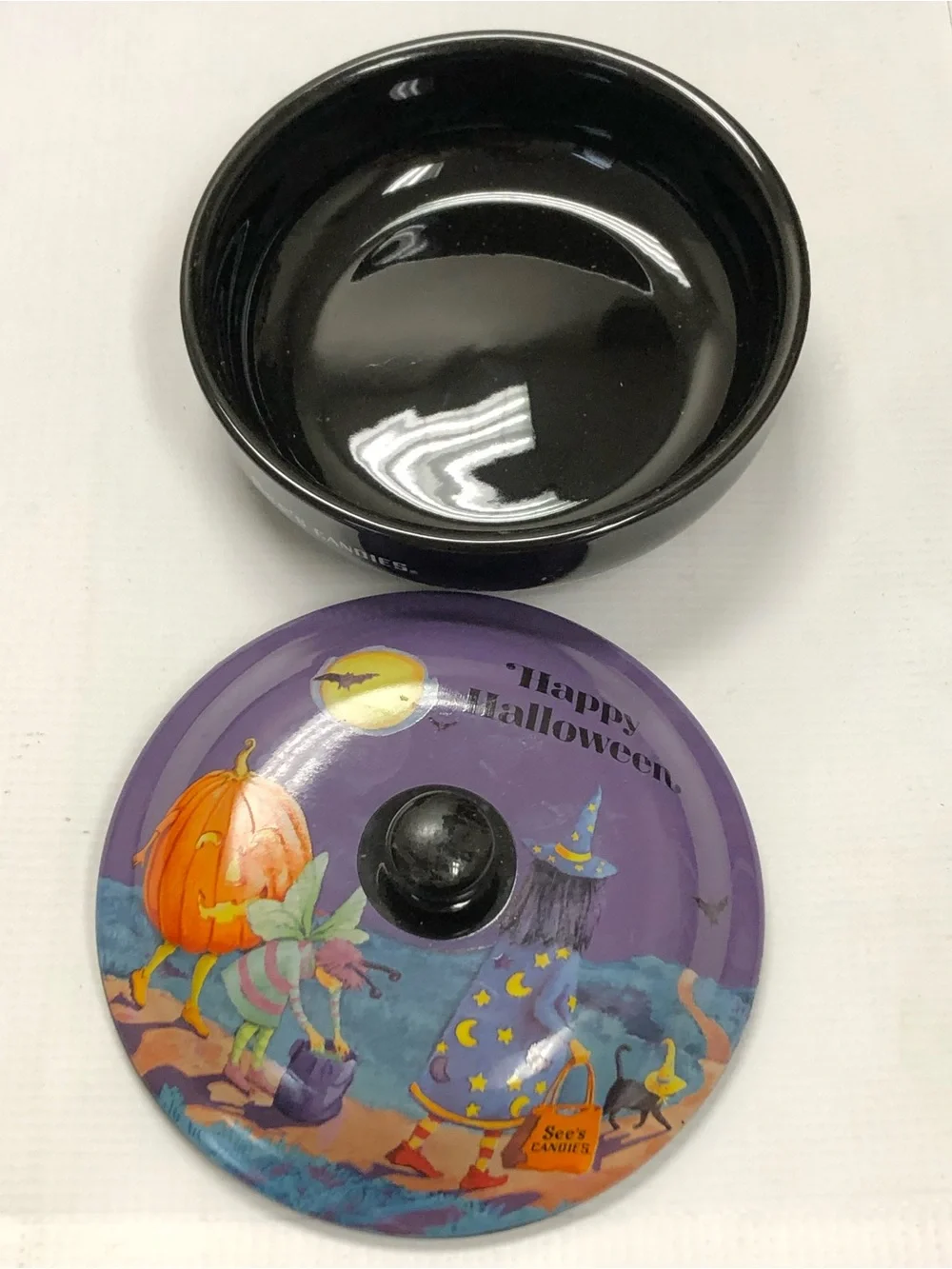 Witch Black Cat Trick or Treat Halloween Candy Dish with Lid Pumpkin